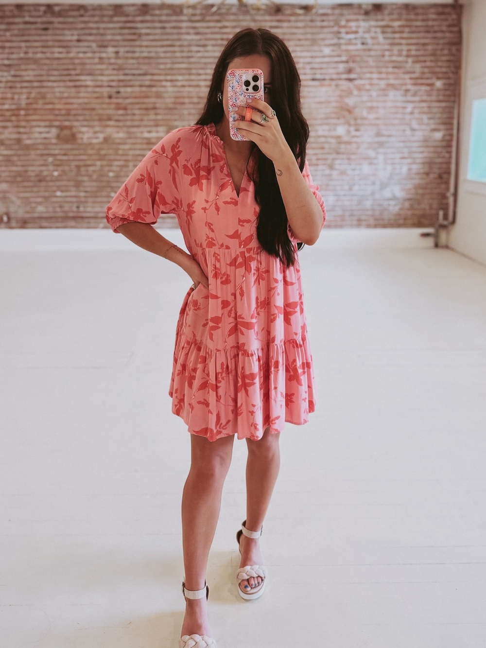 THML Pink Floral Tiered Dress with Puff Sleeves - Picture 2 of 3